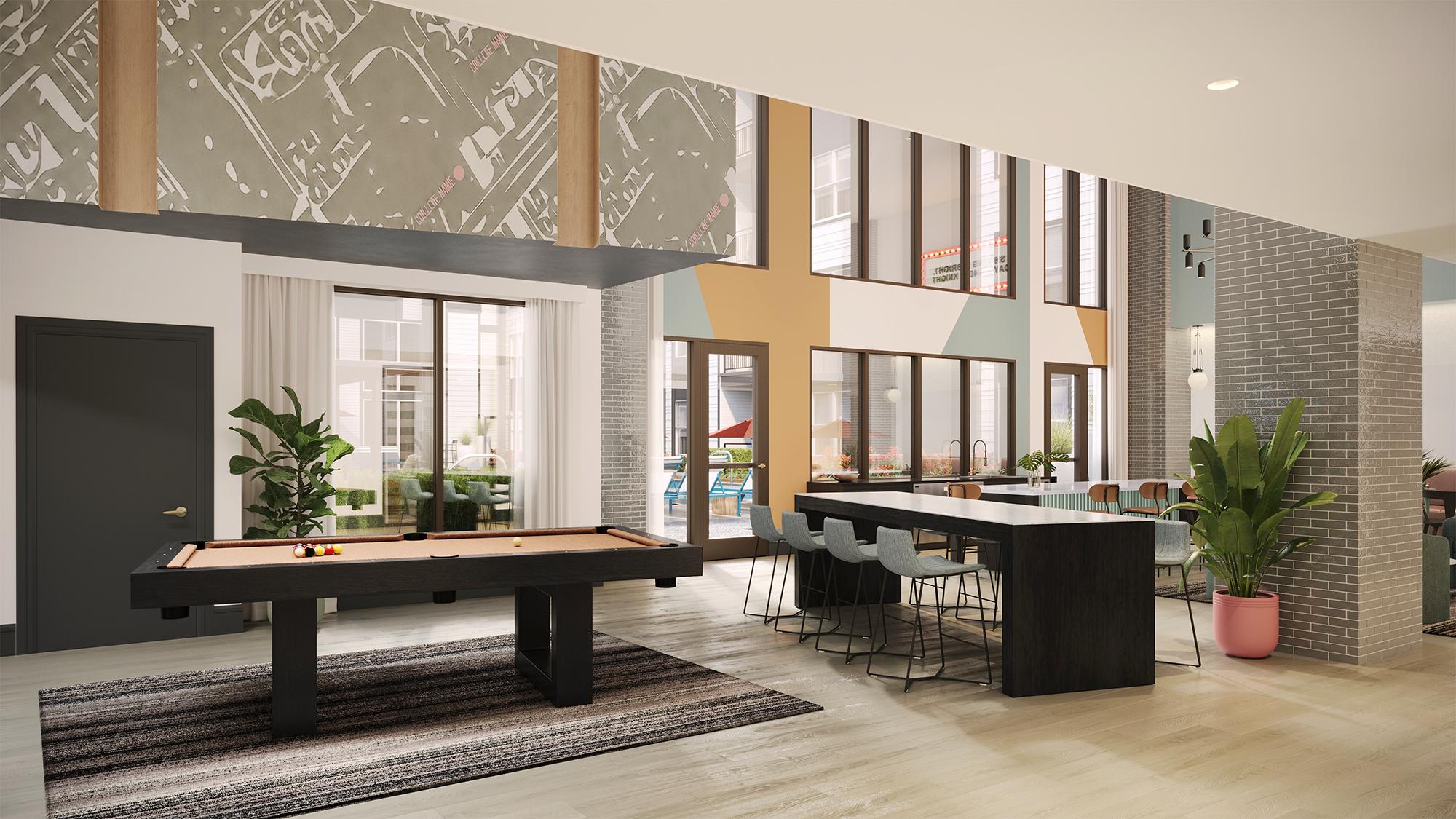 Sterling Quadrangle A modern apartment lounge with a pool table, high-top seating, and large windows.