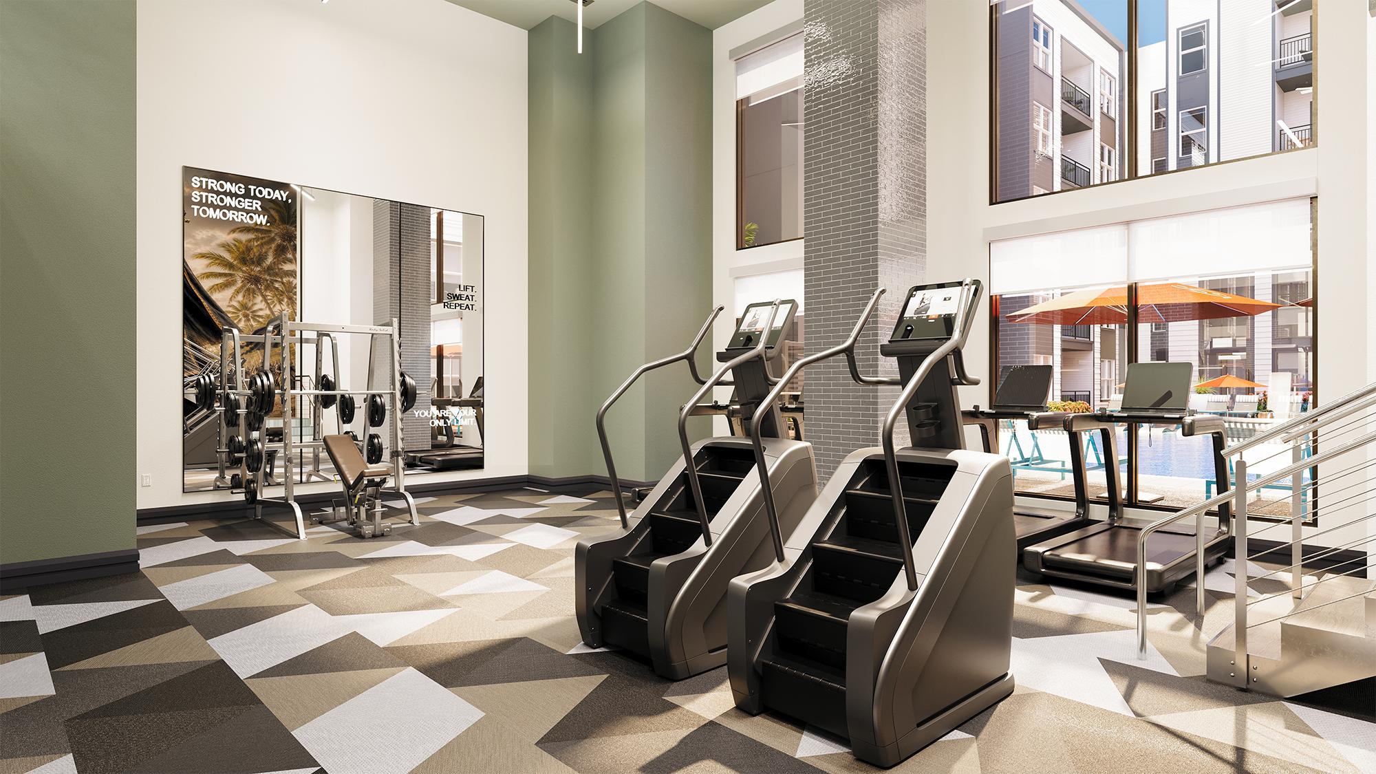 Sterling Quadrangle Apartment fitness center with stair climber machines, weight lifting equipment, and a view of a pool area.